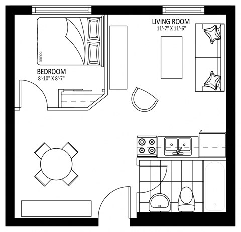 Floor plan for 1 bed, 1 bath, 430 sqft